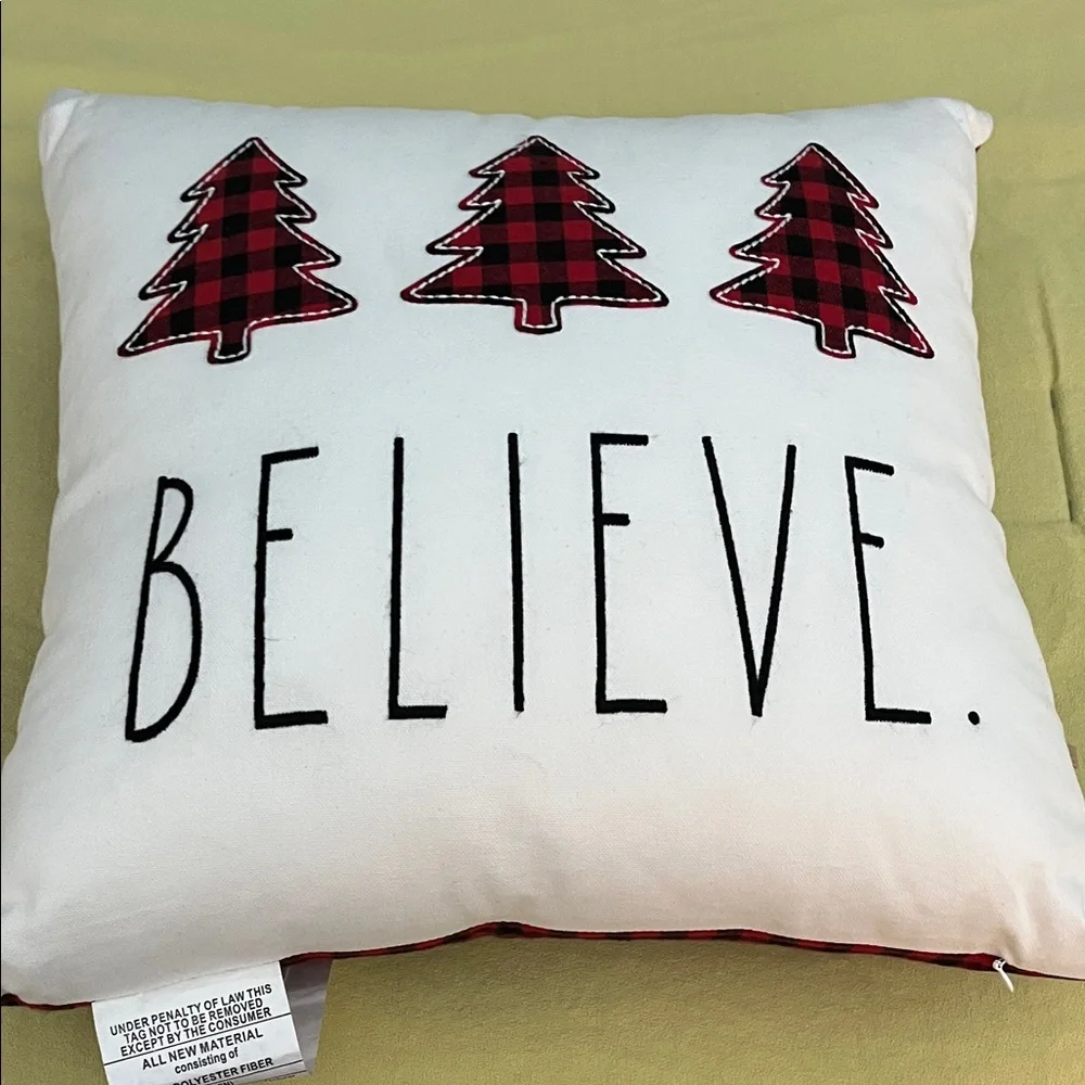 Rae Dunn ivory Pillow with Red Plaid Trees